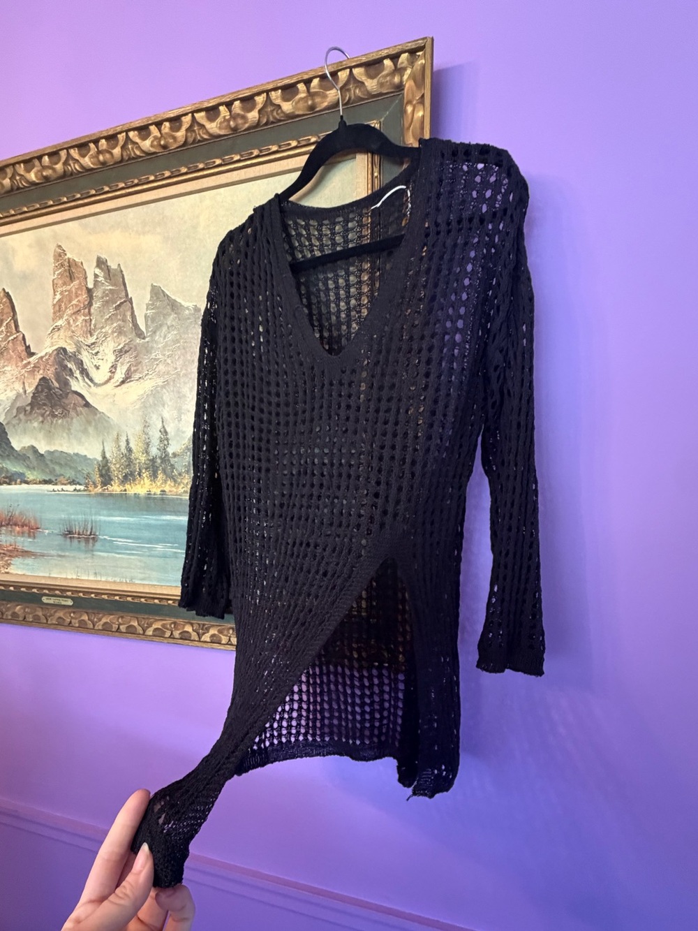 Black Crochet Open Knit Mesh Tunic Sweater V Neck Beach Cover Up Festival